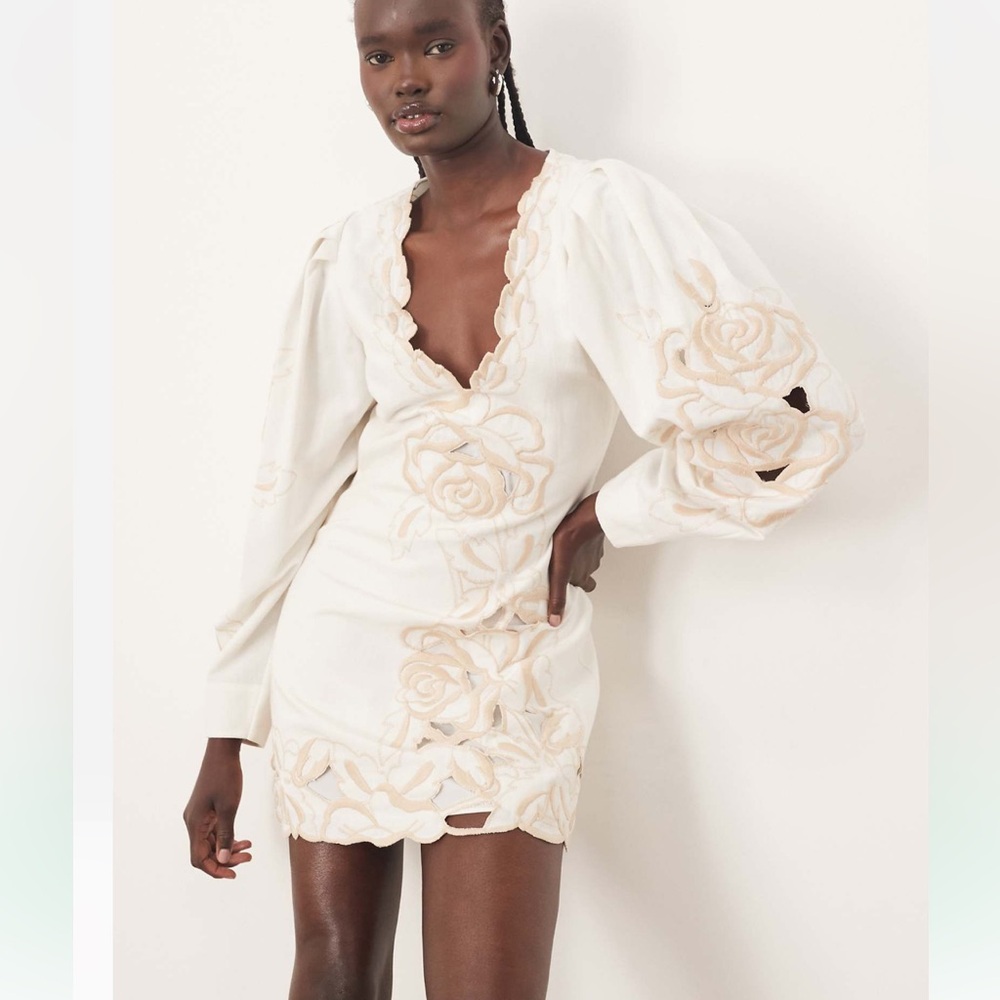 ARRANGE placed floral cutwork volume sleeve mini dress in white